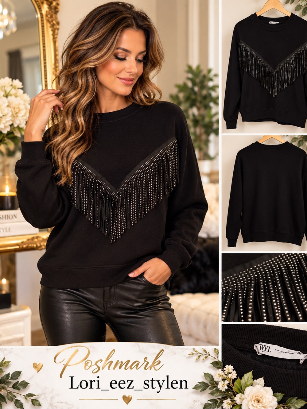 Zara Black Crewneck Sweater with Fringe & Stud Detail